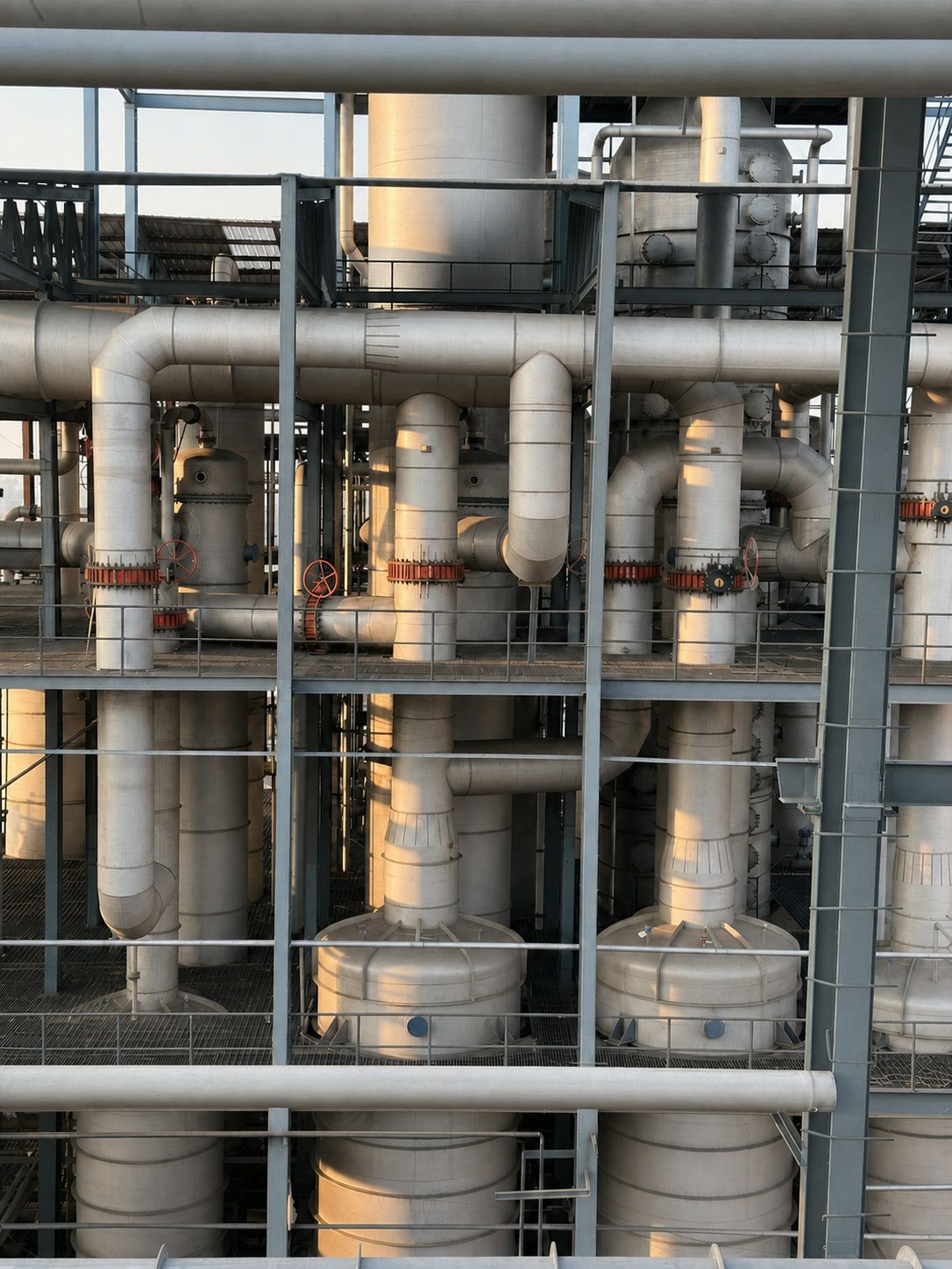Distillation columns and pipework at the grain distillery at Bachai