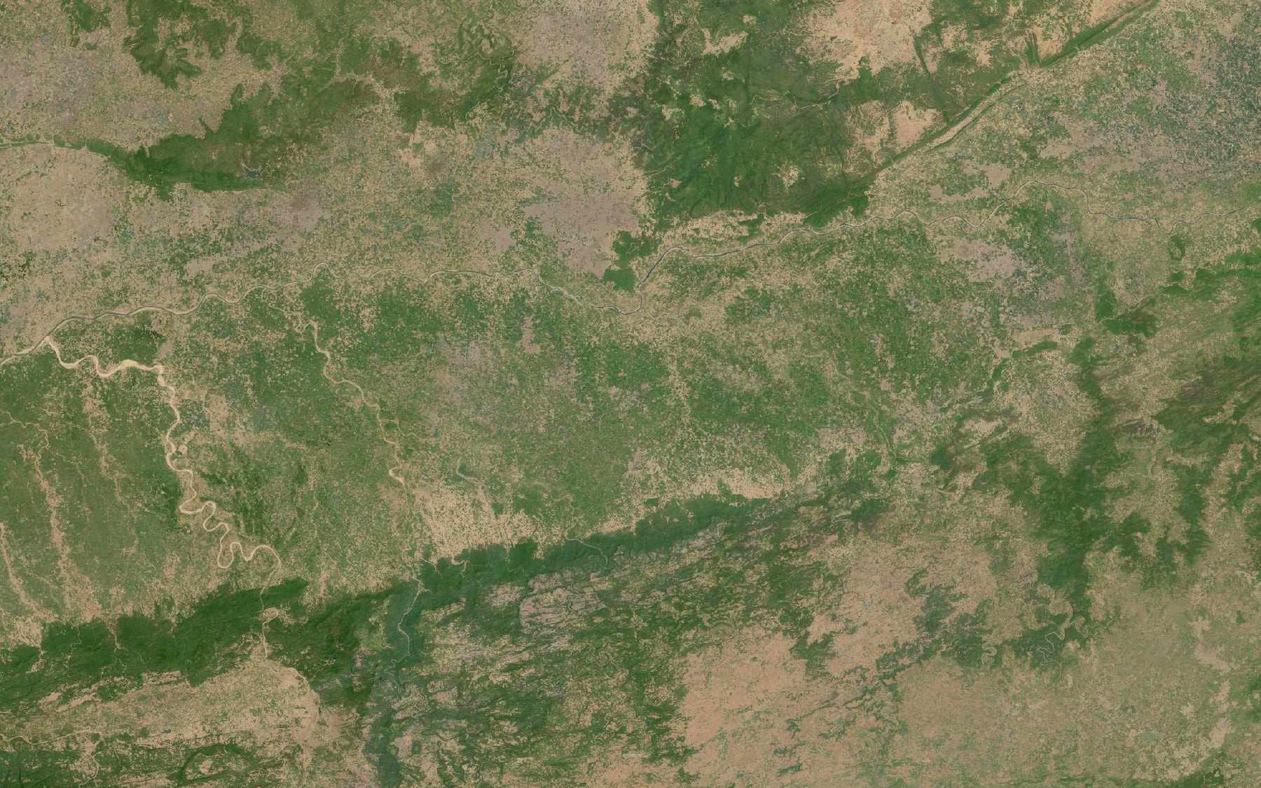 Landsat view of Narsinghpur district: the Narmada along its northern edge, and the farmland of the valley either side of it.