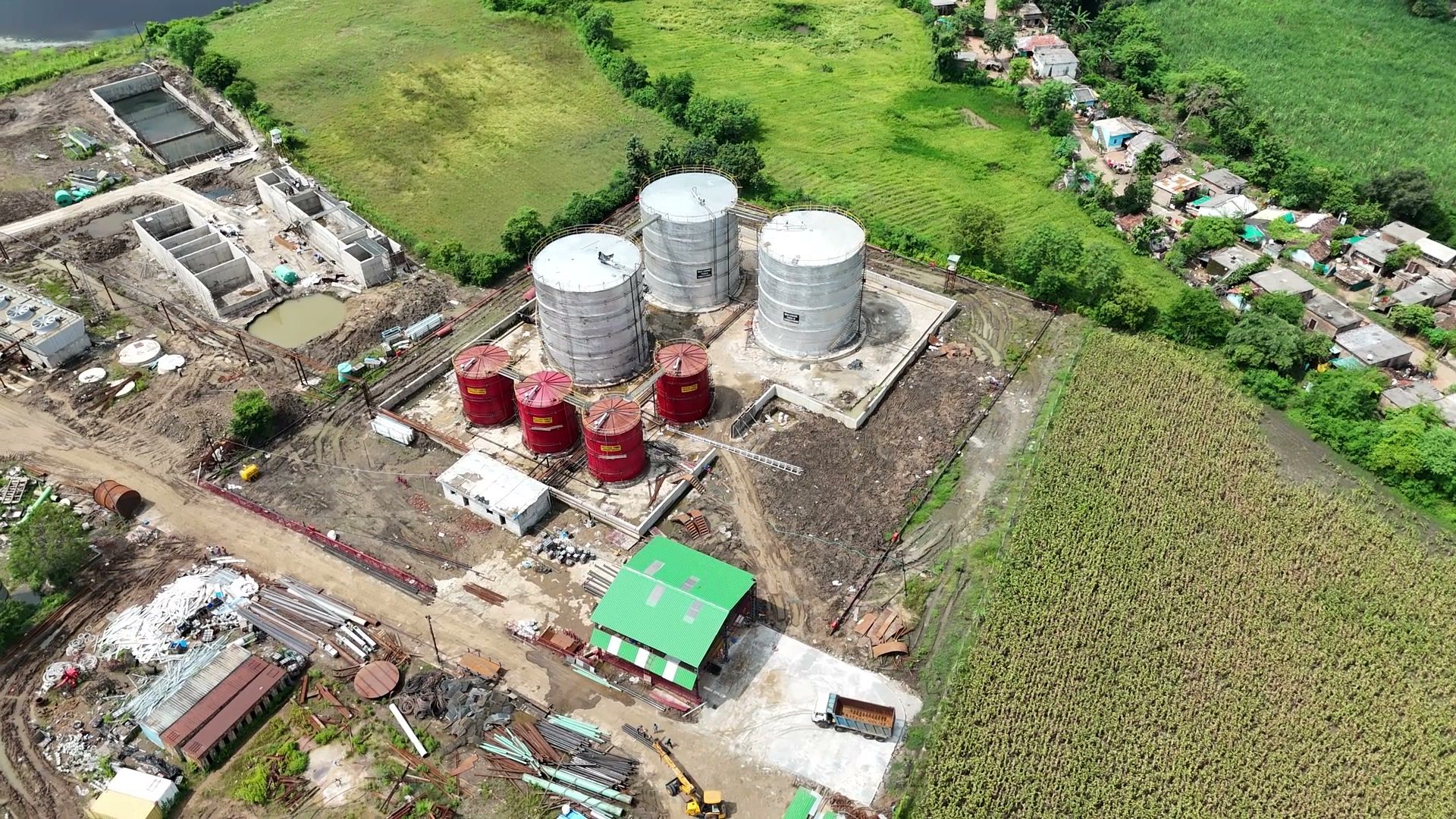 Aerial of the complex at Bachai with the surrounding fields beyond