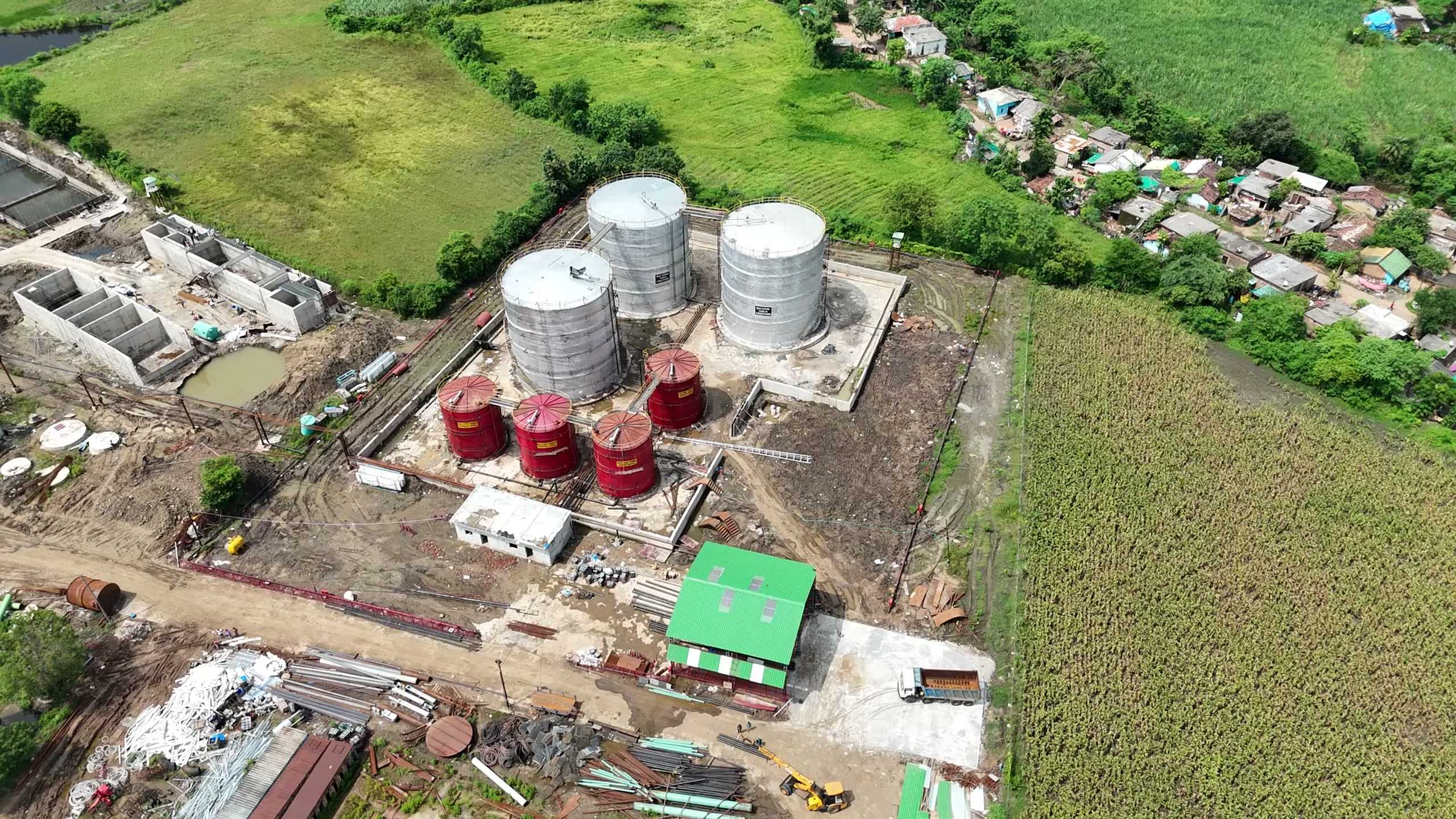 Aerial view of the plant at Bachai, Narsinghpur, with cane and maize fields alongside it.